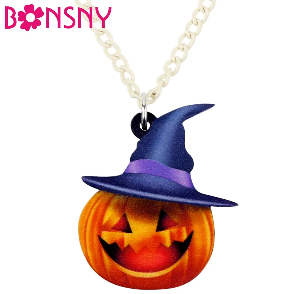 Bonsny акриловый Мультфильм Хэллоуин счастливая шляпа ожерелье с тыквой кулон