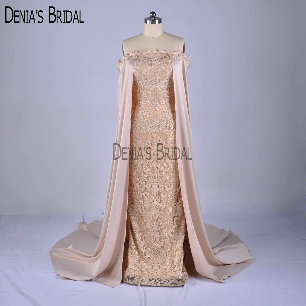 2019 Sheath Champagne Lace Evening Dresses with Beaded Satin Cape Formal Gowns | Свадьбы и торжества