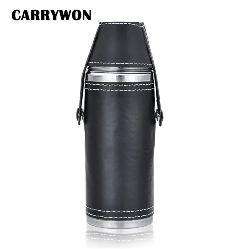 CARRYWON 8 унций Мужчины из нержавеющей стали компактная фляжка неправильной формы бутылки черная кожа, обернутая плоская фляжка для виски емкости для алкогольных напитков