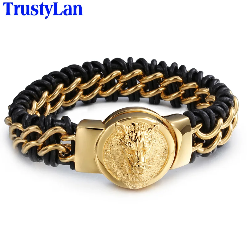 Мужской браслет из натуральной кожи с длинной волчьей головкой 22 см|head bracelet|wolf head