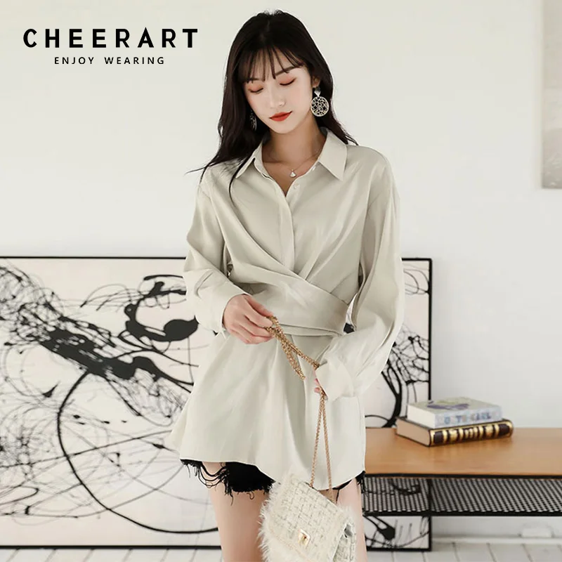 Cheerart женская рубашка с длинными рукавами, туника, топы и блузки, бежевая женская рубашка, корейская модная одежда