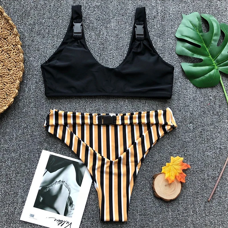 Новый Лидер продаж Полосатый Лоскутная Цвет Купальник бикини set sexy бандо на одно