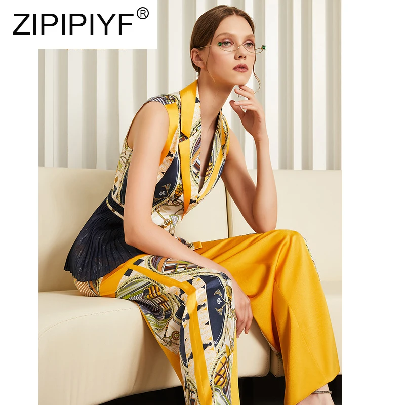 

2019 Elegant OL Wide Leg Trousers Suit Sets Female Summer New Two-piece Temperament Women Notched Collar Sleeveless Blazer C1792