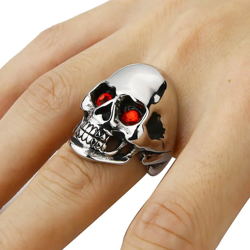 

Men's Solid Skull Ring Gothic Punk Biker Rider Red/Blue Eyes Vintage Stainless Steel Skeleton Finger Band Men Jewelry