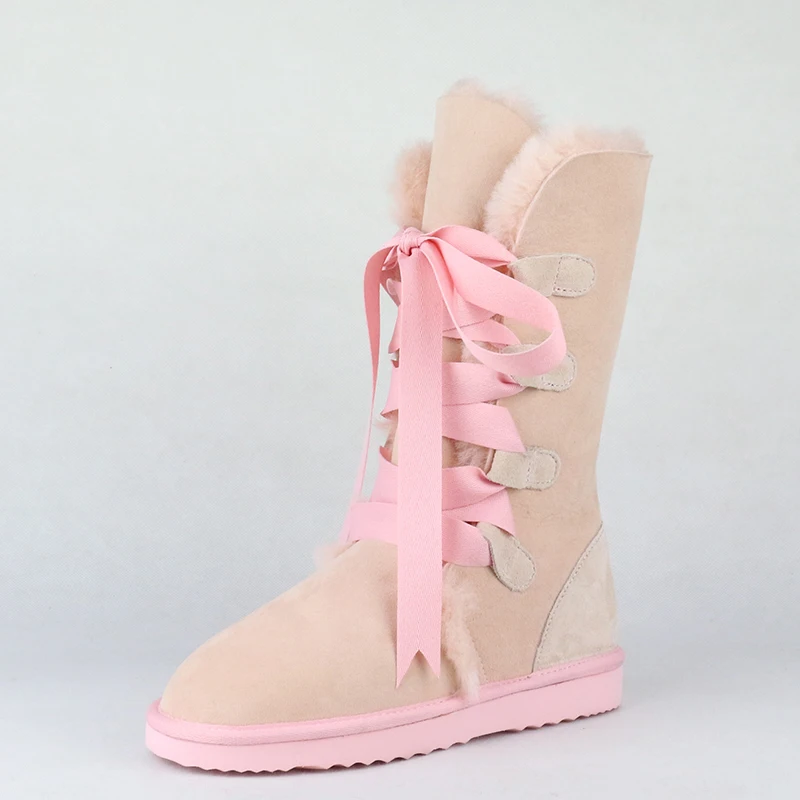 Pink UVWP/модные высокие зимние сапоги; женские сапоги; высокие сапоги из натуральной овечьей кожи на шнуровке; теплые шерстяные зимние сапоги с натуральным мехом - Цвет: Pink