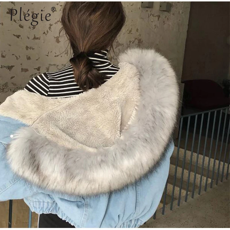 Plegie женские зимние плотные джинсы куртка искусственный меховой воротник из