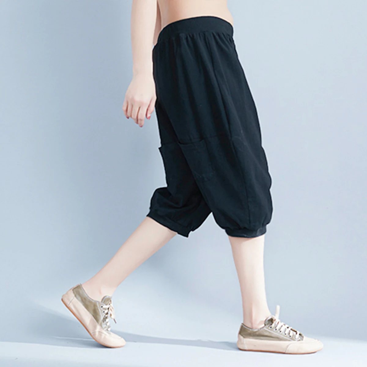 

Vintage Loose Solid Shorts Fashion High Elastic Waist Simple Women Knee Length Loose Casual Female Shorts Thailand Holiday Style