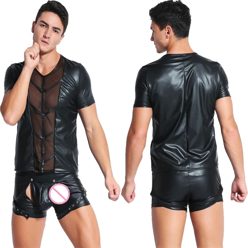 Мужское сексуальное нижнее белье Тедди Топ ПВХ эротические Лоскутные сетки