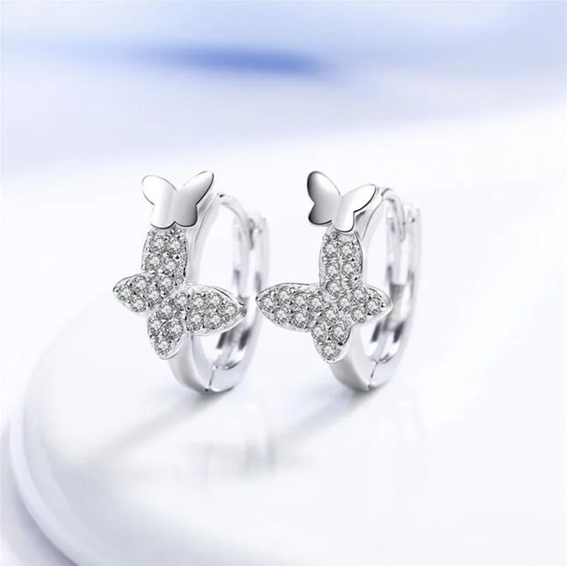 silver color Детские 925 серебряные чистые CZ милые животные двойной обруч бабочка серьги для детей девочек женщин петли Huggies Серьги ювелирные изделия - Окраска металла: silver color