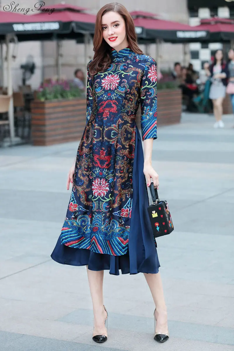 Женское сатиновое платье Ципао вечернее с рукавом seven quarter V742|Чонсамы| |