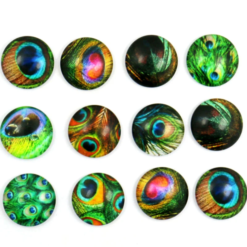 

24pcs 12mm 14mm 16mm Peacock Feathers Design Round Handmade Photo Glass Cabochons & Glass Dome Cover Pendant Cameo Settings