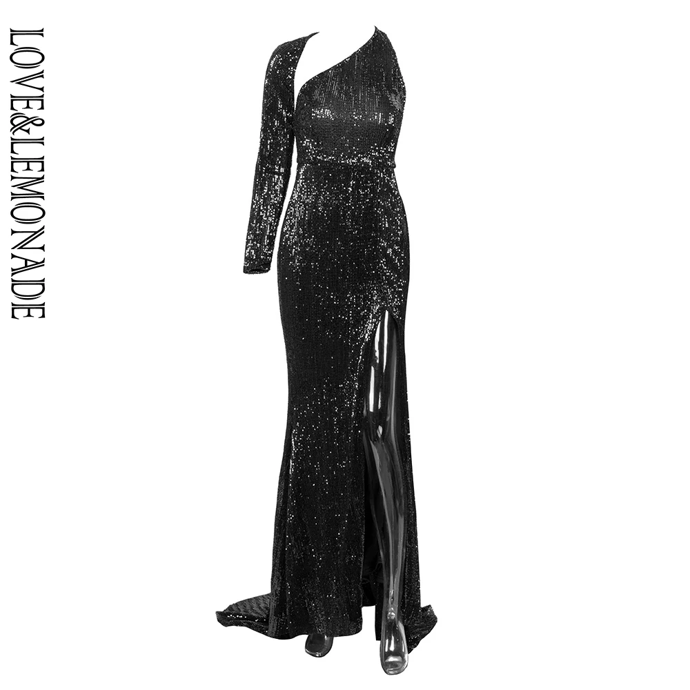 Love& Lemonade, сексуальное, с открытой спиной, с одним рукавом, облегающее, эластичное, с блестками, ткань, облегающее, для выхода, длинное платье, LM81333-2, черное