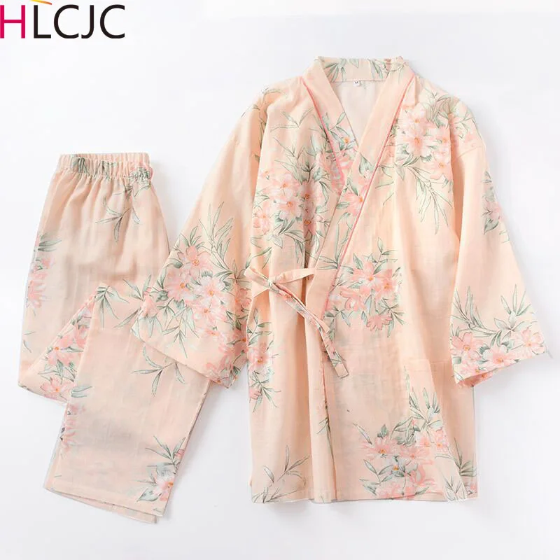Spring New Comfort Japanese Kimono Pajamas Set Ladies Flower Gauze Cotton Thin Sweat Steaming Suit Cardigan Home Service