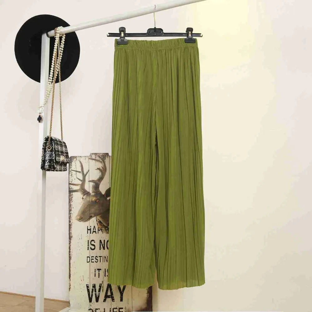 #1906 Summer Pantalon Femme Elastic Waist Chiffon Wide Leg Pants Ankle-length Loose Pleated High Skirts Big Size | Женская одежда