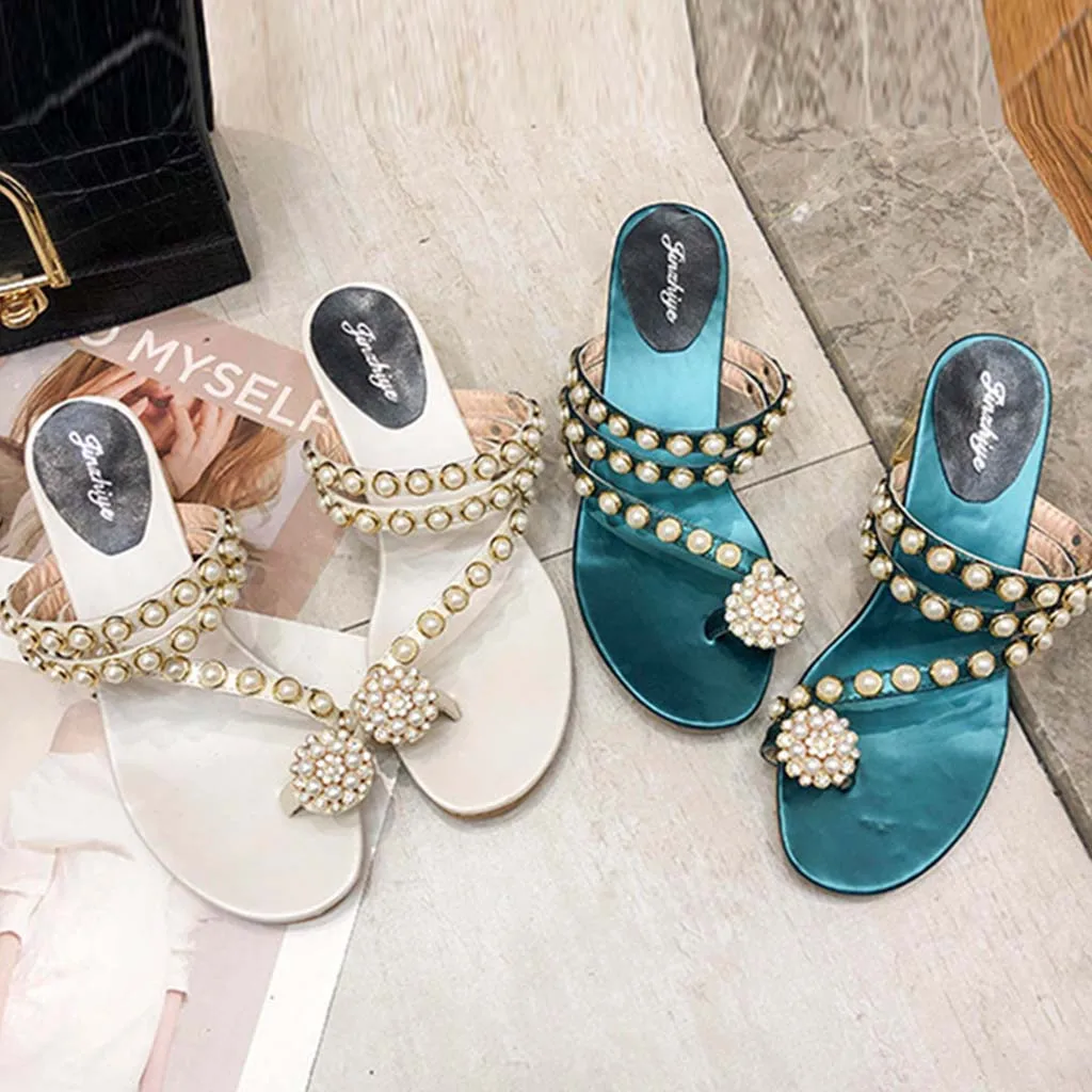 Модные шлепанцы на квадратном каблуке летние женские с жемчугом и кристаллами