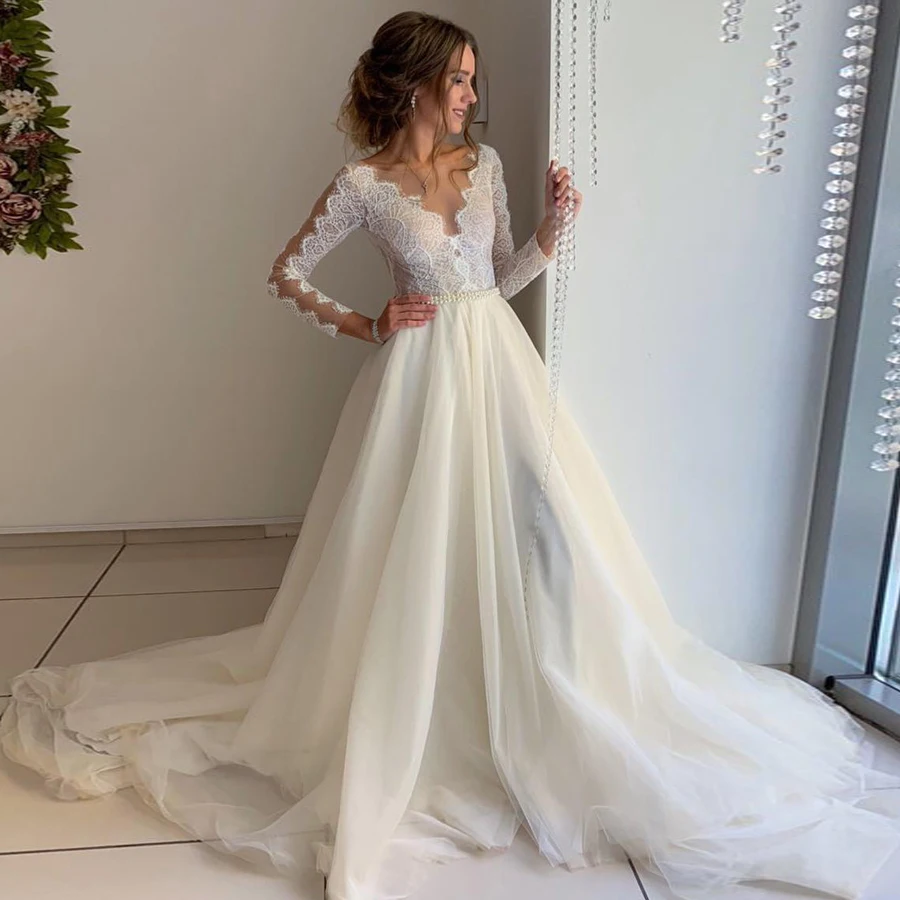

Illusion Tulle Scoop Neck Organza Ivory Wedding Dress with white Lace Pearls Belt Sweep Train Bridal Dress Vestido de novia