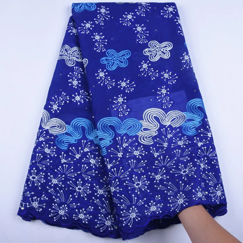 

High Quality Nigeria Lace Fabric Blue Swiss Cotton Fabric Latest Swiss Voile Lace In Switzerland With Stones For Dress SewsF1560