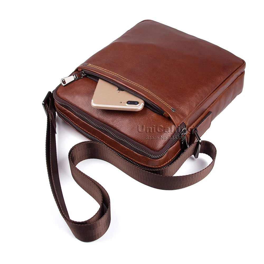 UniCalling Fashion Brand men bag Solid Color Retro genuine leather messenger bags Zipper Leisure small |