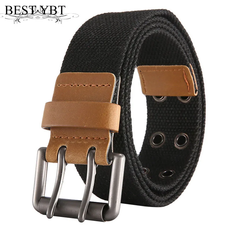 Best YBT Unisex belt trend fashion Alloy double pin buckle canvas Men belt casual simple high quality Men and Women belt