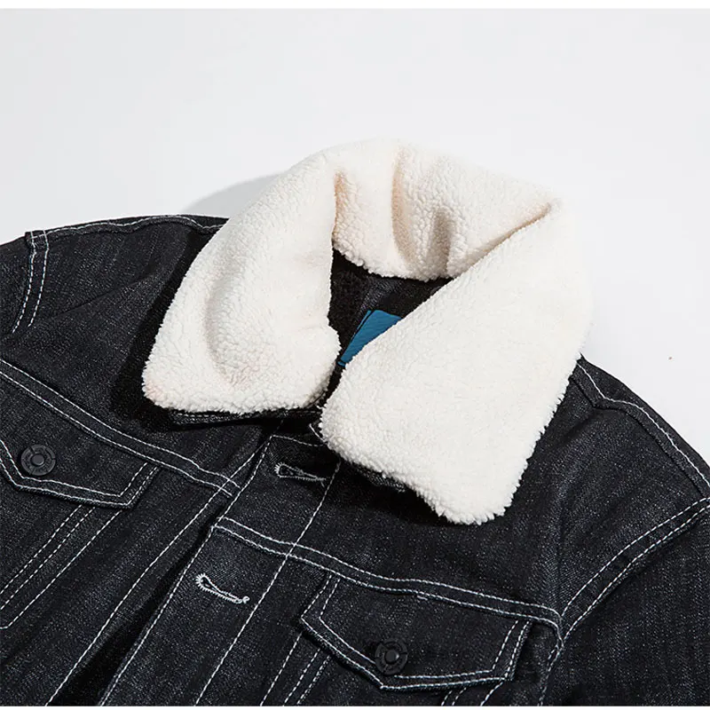 Мужская джинсовая куртка с меховым воротником черная повседневная шерстяная