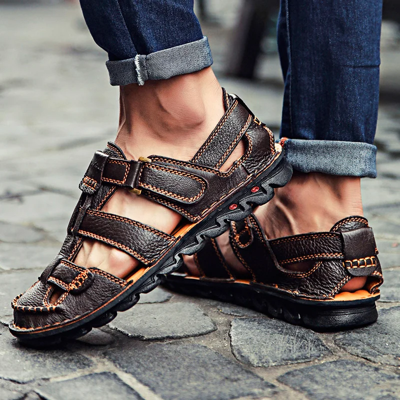 Мужские кожаные повседневные сандалии размера плюс 48 мужские для пеших прогулок