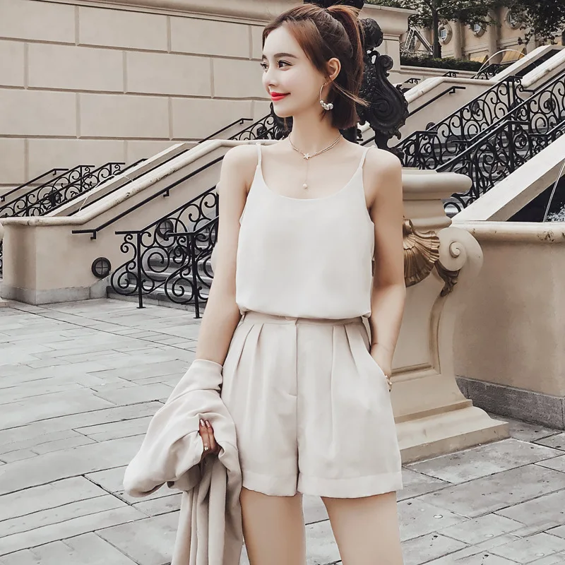 1Set (Blazer+Loose Flare Shorts+Camis) Summer Office Lady Business Turn-down Collar Casual Solid Color Fashion Women' Sets 2018 | Женская