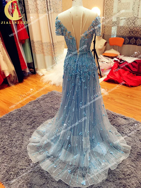 

Rhine Real Sample Image Luxurious Sky Blue Beads Hand FLowers A-line Dress for Party Evening Dresses
