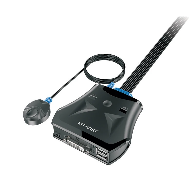 Новый дизайн переключатель KVM DVI с 2 портами USB проводным умным ручным удлинителем