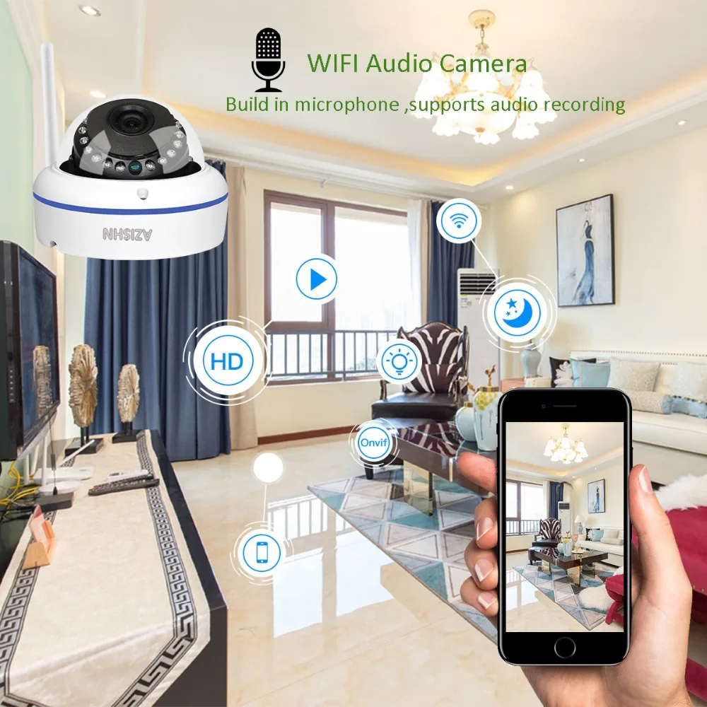 AZISHN Vandalproof аудио широкоугольный 1080P 960P 720P WiFi ip-камера с микрофоном для наружного