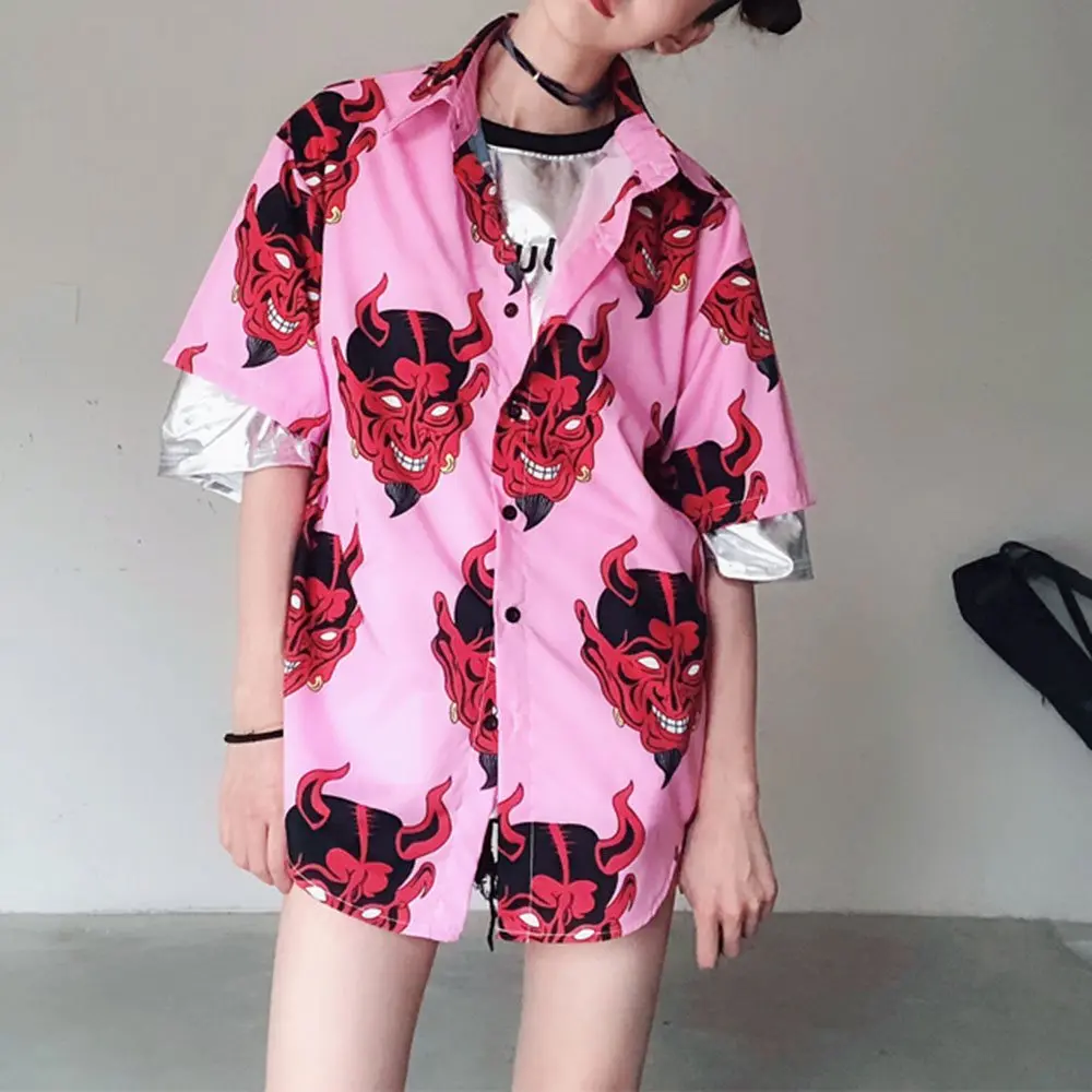 Розовый Harajuku/пара футболок с принтом дьявола, женские рубашки с коротким рукавом, модные летние фиолетовые повседневные топы в повседневном стиле - Цвет: Розовый