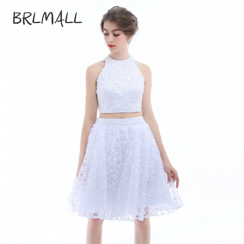 Brlmall женская холтер шеи короткие строки backless жемчуг топ кружева юбка из двух