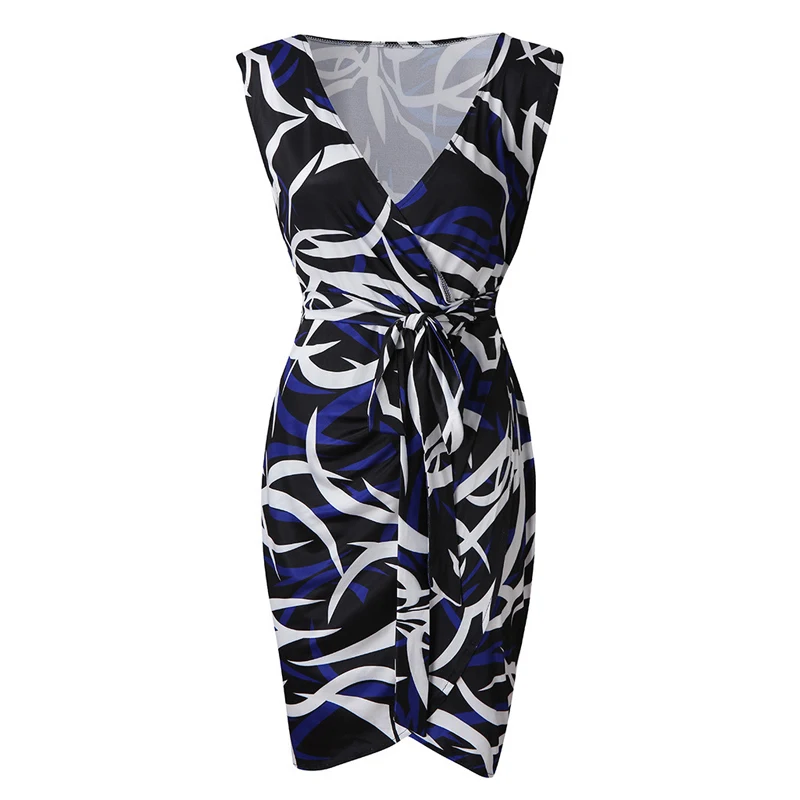 2019 новые женские платья с принтом Bodycon без рукавов праздник V шеи длиной до колена