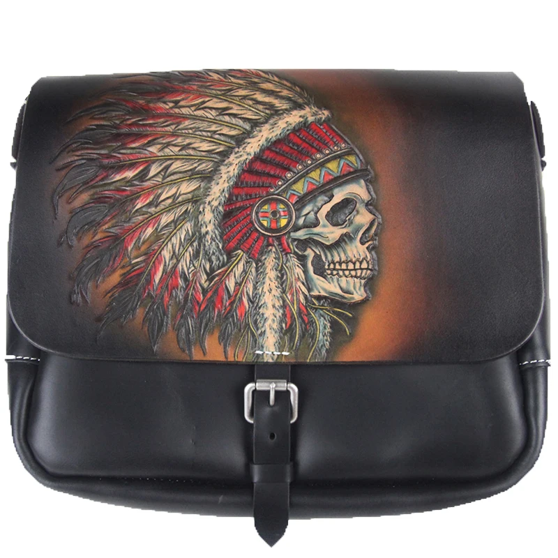 

Especially Customization Men Vegetable Tanned Leather Messenger Bag Cell Phone Pocket Cowhide Hand-carved Indian Head Lion
