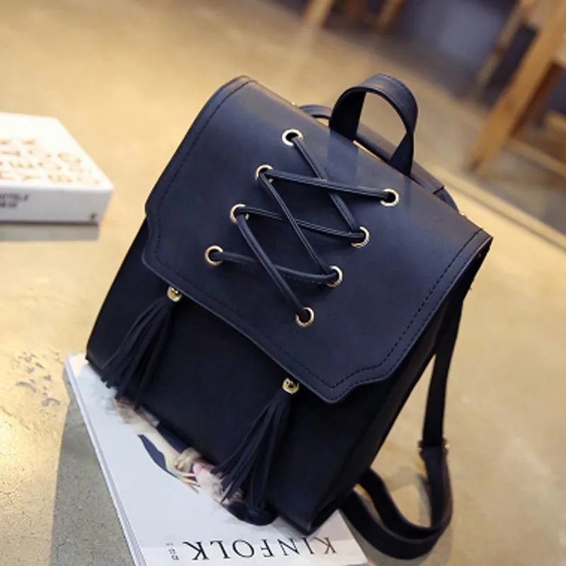 Bolux, Женский винтажный рюкзак из искусственной кожи Mochila, женский корейский стиль, рюкзак с кисточками, Женский Повседневный повседневный рюкзак для покупок, Универсальный женский рюкзак - Цвет: Черный