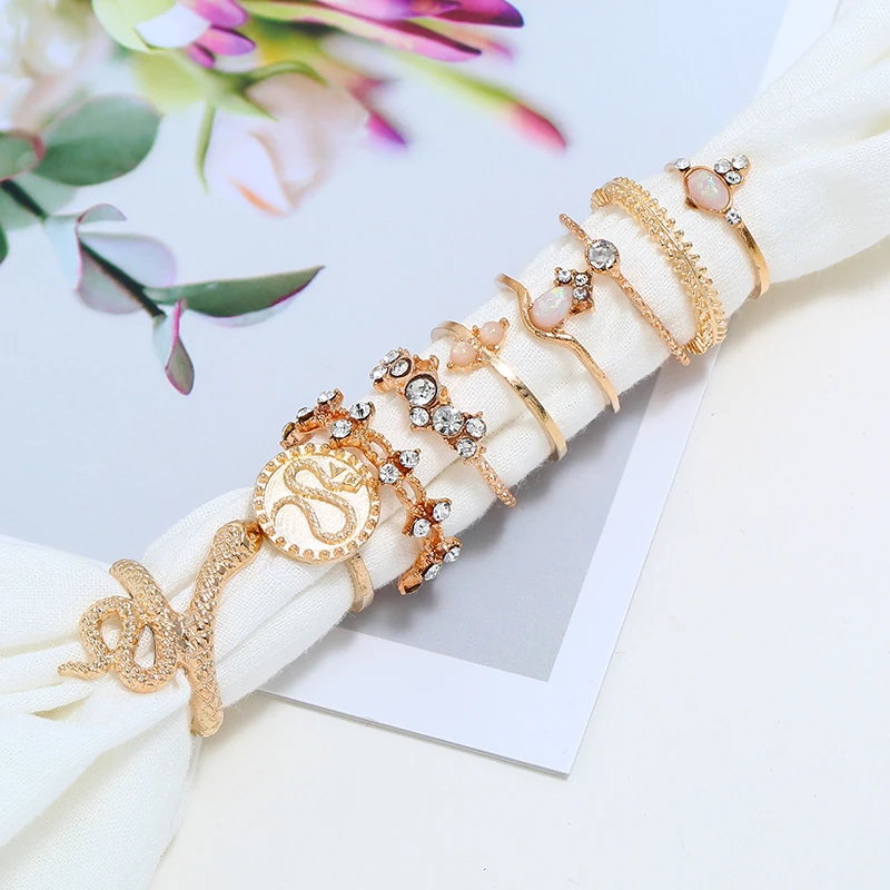 Vintage Snake Shape Animals Style Rings Set Gold Crystal Joint Midi Ring Wedding Party Jewelry Accessories Gifts | Украшения и