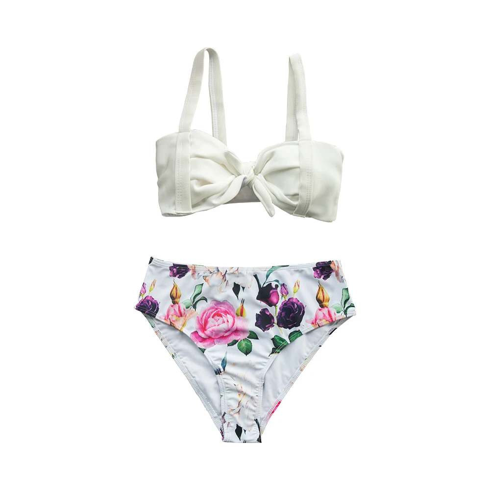 CUPSHE Solid White And Floral Front-Knot High-Waisted Bikini Sets Swimsuit Two Pieces Swimwear Women Beach Bathing Suits
