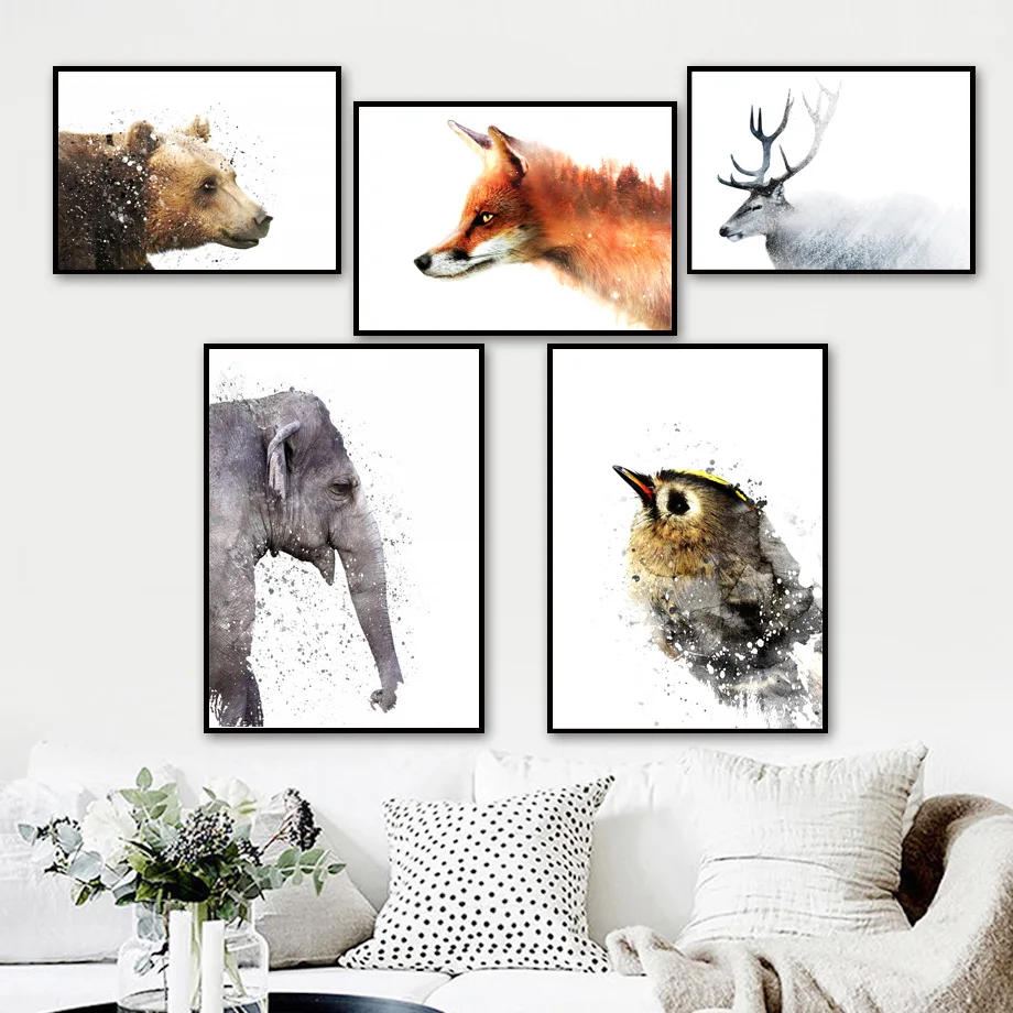 Fox Elephant Bear Deer Bird Nursery Wall Art Canvas Painting Nordic Posters And Prints Animal Wall Pictures Baby Kids Room Decor