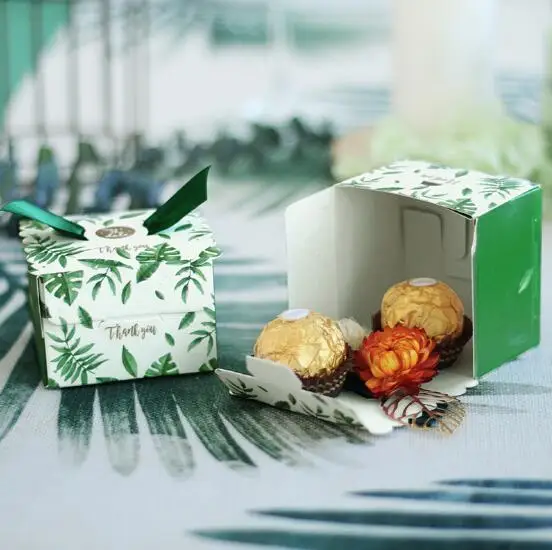 100 шт белый и зеленый Monstera deliciosa листья спасибо Свадебные сувениры коробки конфет giveaways коробка, коробка с шоколадом вечерние подарочные коробки