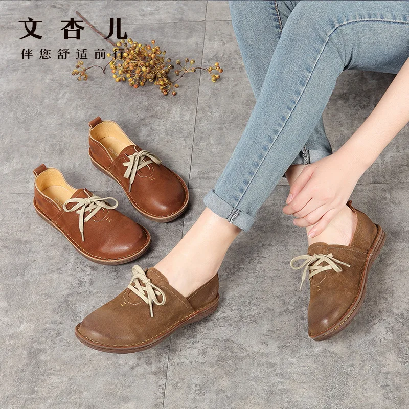 

Women's Vulcanize Shoes Lace Up Casual Shoes Leather stitching Shallow mouth Genuine Leather women flats Footwear Walking Shoes