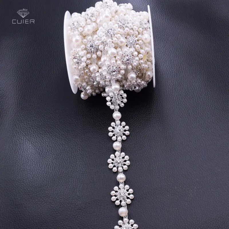

10yards exquisite Flower Pearl Rhinestone Trimming Sew on Appliques chain Decorations for Bridal Belt Clothing Garment Accessory