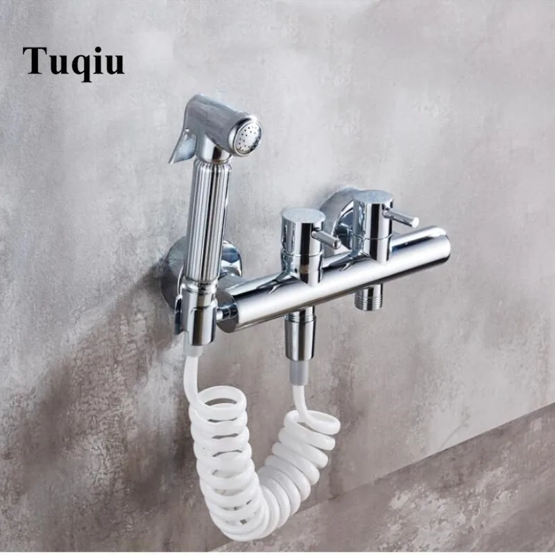 Chrome Double Use Bathroom Bidet Faucet Set hot and cold double handle wall mounted bidet faucet