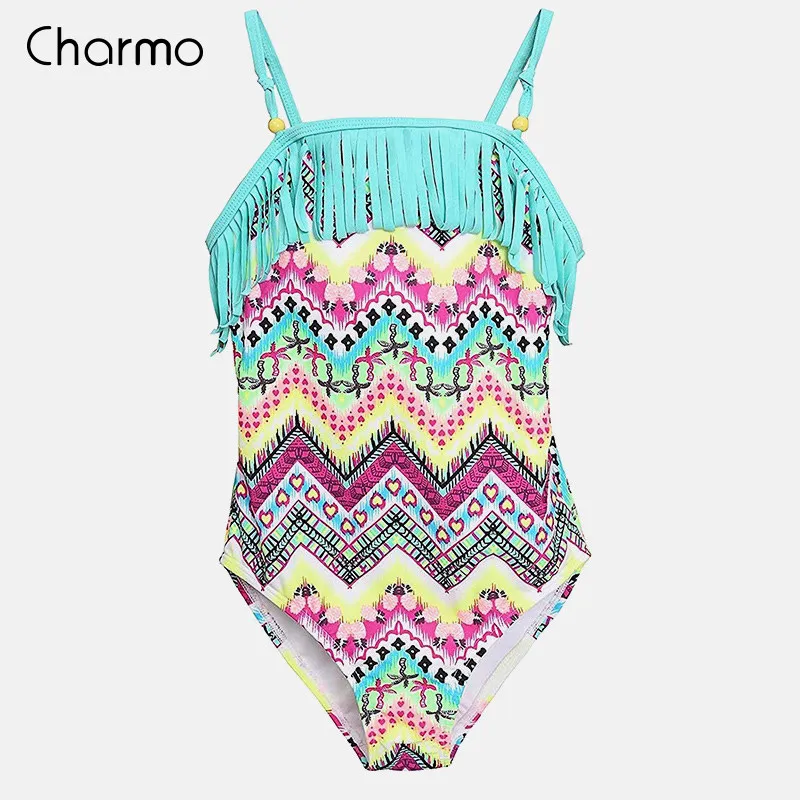 WAV Цельные купальники Charmo в этническом стиле, винтажный купальник с принтом, детское бикини с кисточками, пляжная одежда, детские цельные костюмы - Цвет: WAV