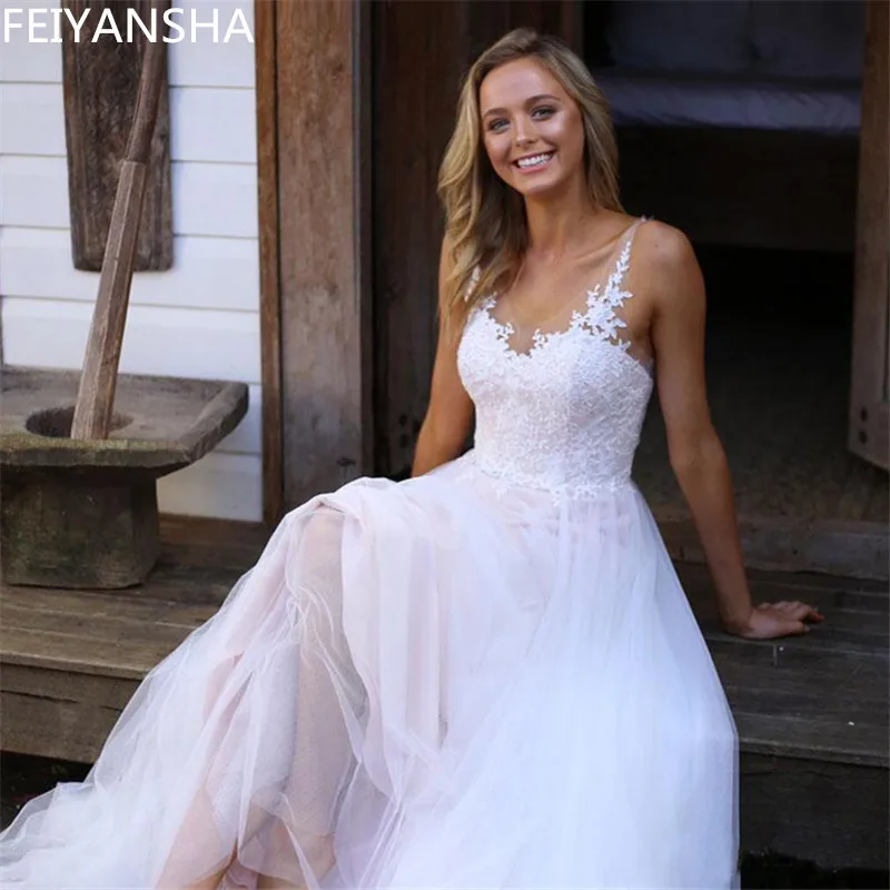 Свадебное платье без рукавов 2019 пляжный тюль для платья невесты с кружевной