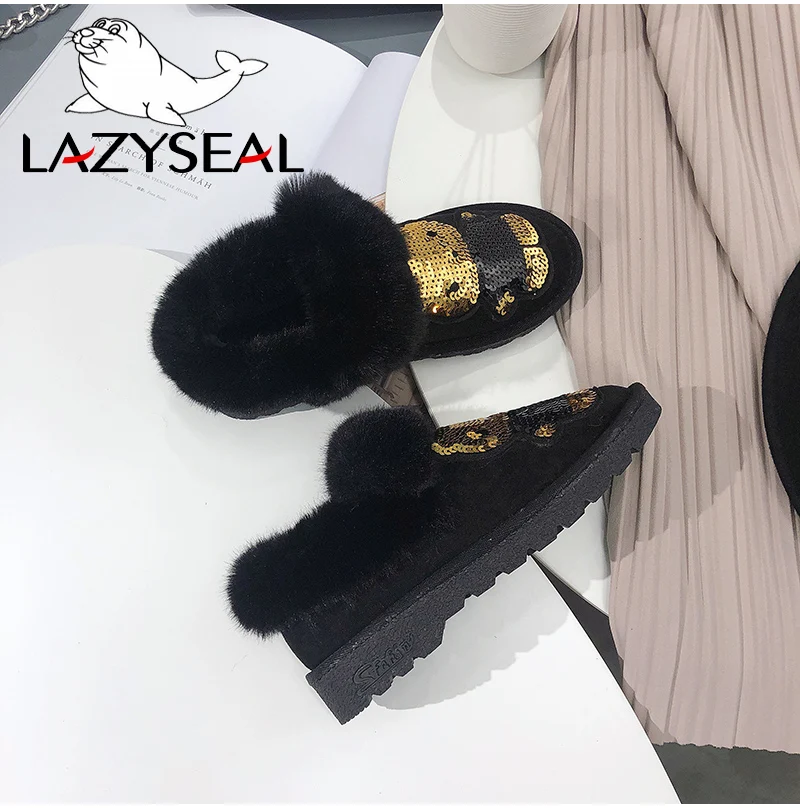 LazySeal/Шикарные ботильоны для женщин; теплые женские зимние ботинки; женская обувь с блестками; зимняя женская обувь на плоской подошве; Bota Mujer