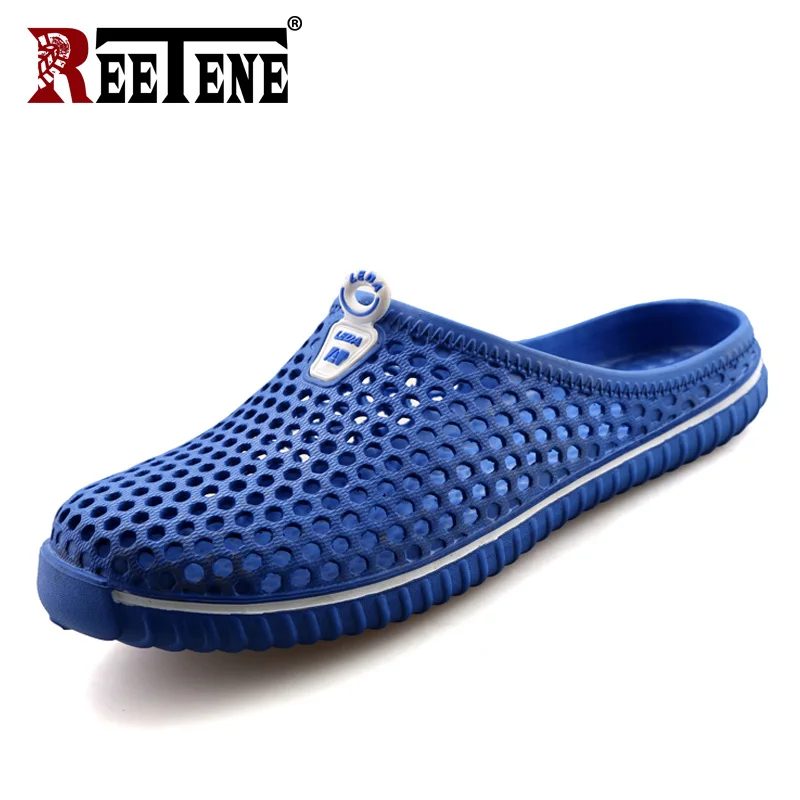 Blue Reetene/ г. Мужская обувь Пляжные повседневные мужские шлепанцы открытые летние шлепанцы мужские вьетнамки без застежки мужские сандалии на плоской подошве - Цвет: Blue