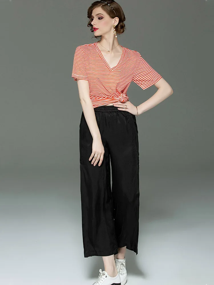 High Quality Women 2019 Summer New Short Sleeved Shirt + Wide Leg Pants Suit Two-piece Casual Fashion Elegant Ladies Sets L209