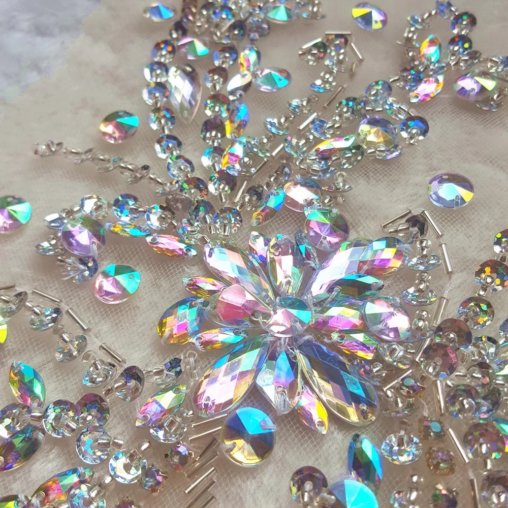 

Pure Handmade Crystal Patches Sew on AB Color Rhinestones Applique with Stones Sequins Beads DIY for Decor Accessory 18x24cm