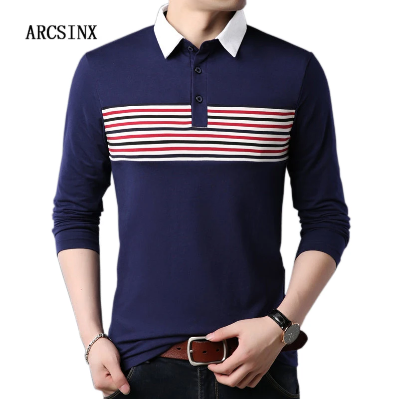 Мужская рубашка поло в полоску с длинным рукавом размеры до 3XL|Поло| |