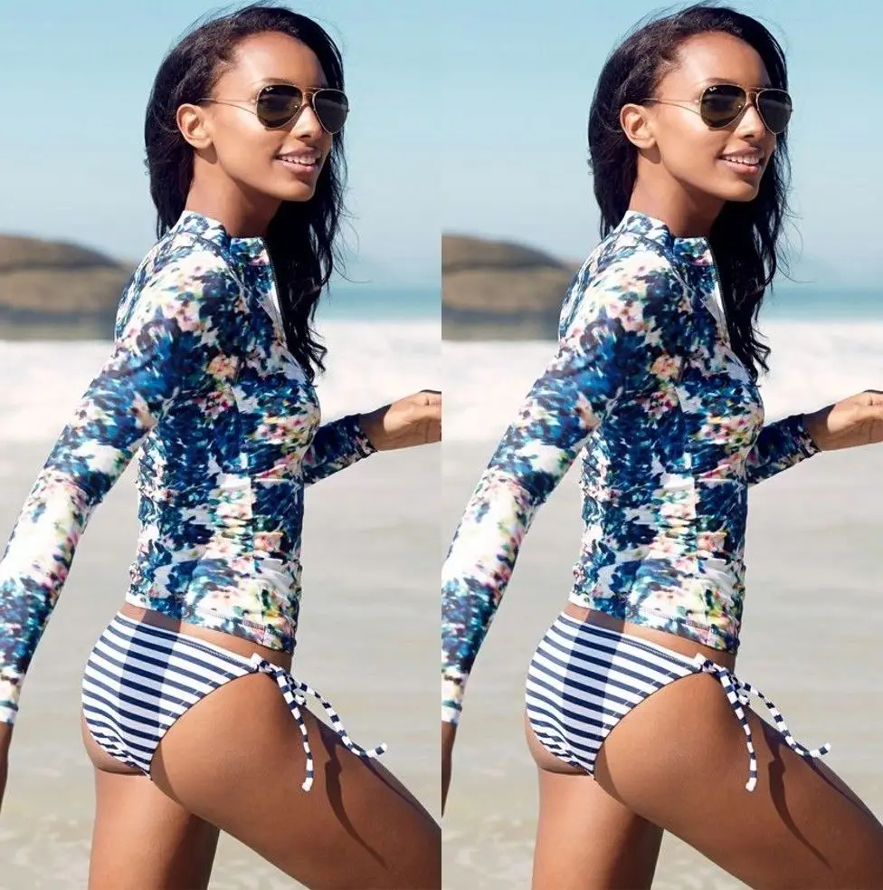 Сексуальный женский комплект бикини с цветочным принтом и длинным рукавом