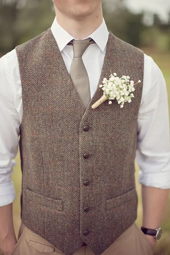 

New Farm Wedding Brown Wool Herringbone Tweed Vests Custom Made Groom's Suit Vest Slim Fit Tailor Made Wedding Vest Men Plus Siz
